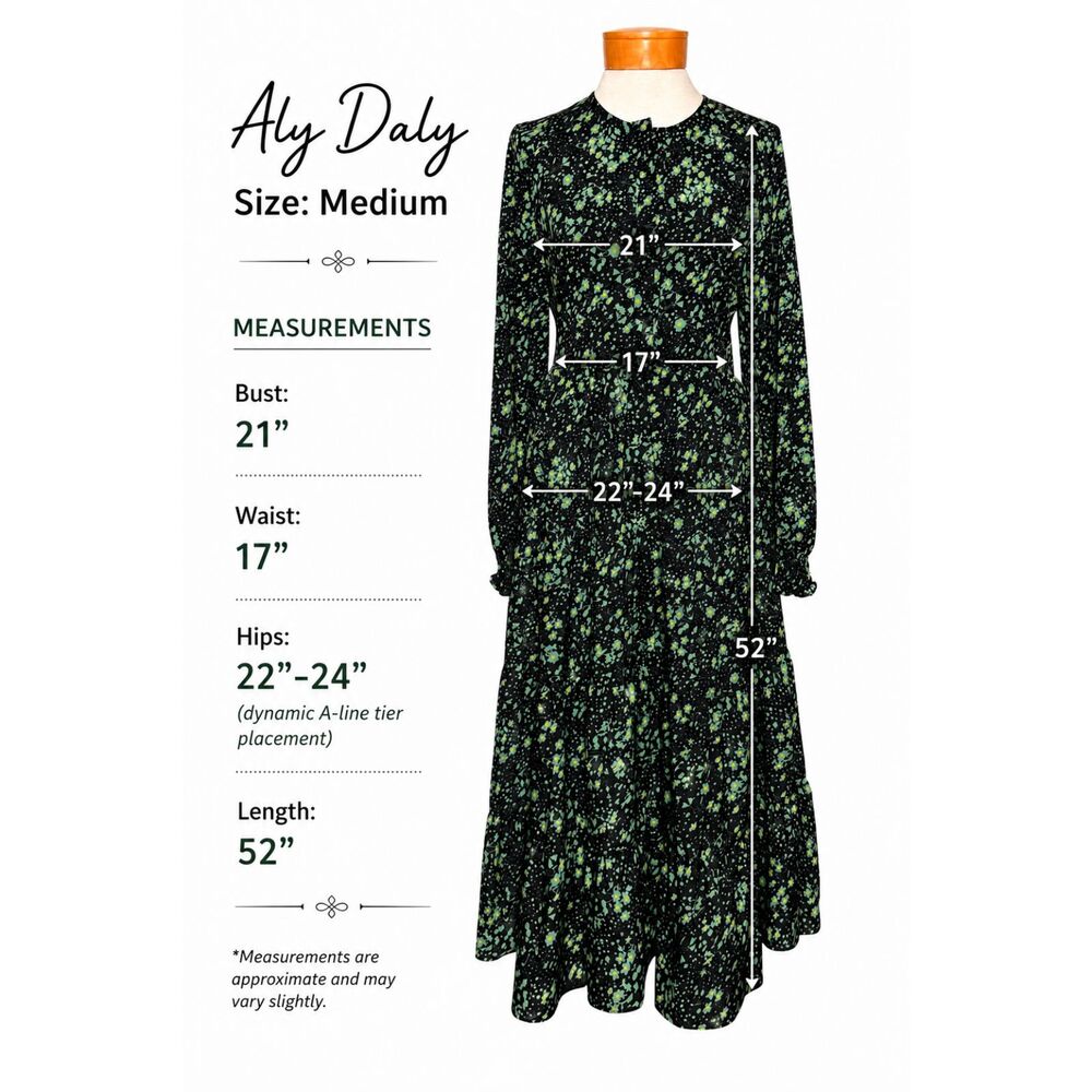 Aly Daly Floral Tiered Maxi Dress Black Green Smocked Tiered Long Sleeve M Boho - Picture 7 of 10
